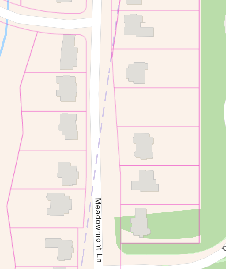 Parcel map along Meadowmont Lane in Chapel Hill, NC with the county line bisecting the image
